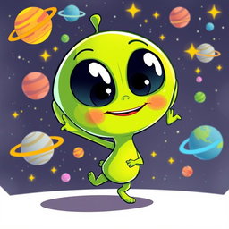 A whimsical, colorful animation style featuring a small alien character