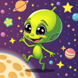 A whimsical, colorful animation style featuring a small alien character