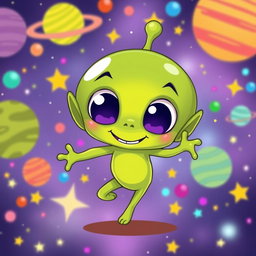 A whimsical, colorful animation style featuring a small alien character
