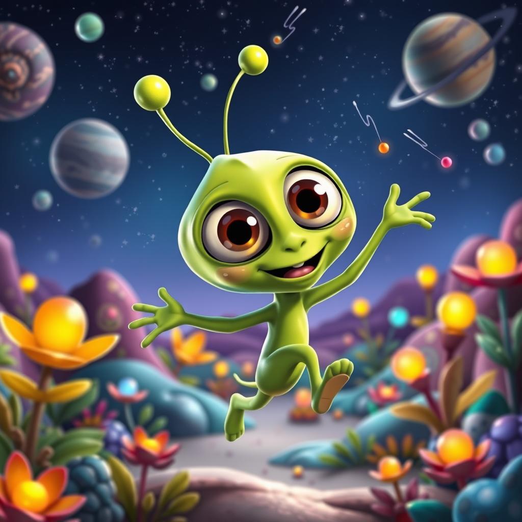 A vibrant and colorful animated alien character, featuring large expressive eyes, a slender green body, and whimsical antennae