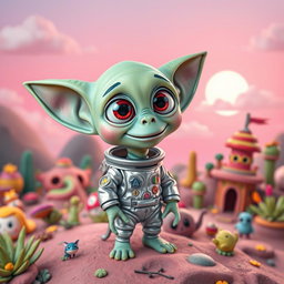 A cute and funny alien with big round eyes and a quirky smile, standing on a vibrant planet filled with colorful plants and whimsical structures