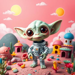 A cute and funny alien with big round eyes and a quirky smile, standing on a vibrant planet filled with colorful plants and whimsical structures