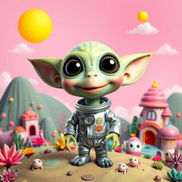 A cute and funny alien with big round eyes and a quirky smile, standing on a vibrant planet filled with colorful plants and whimsical structures