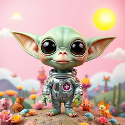 A cute and funny alien with big round eyes and a quirky smile, standing on a vibrant planet filled with colorful plants and whimsical structures