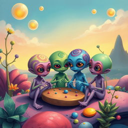 A whimsical portrayal of alien children playing together on a vibrant, otherworldly landscape