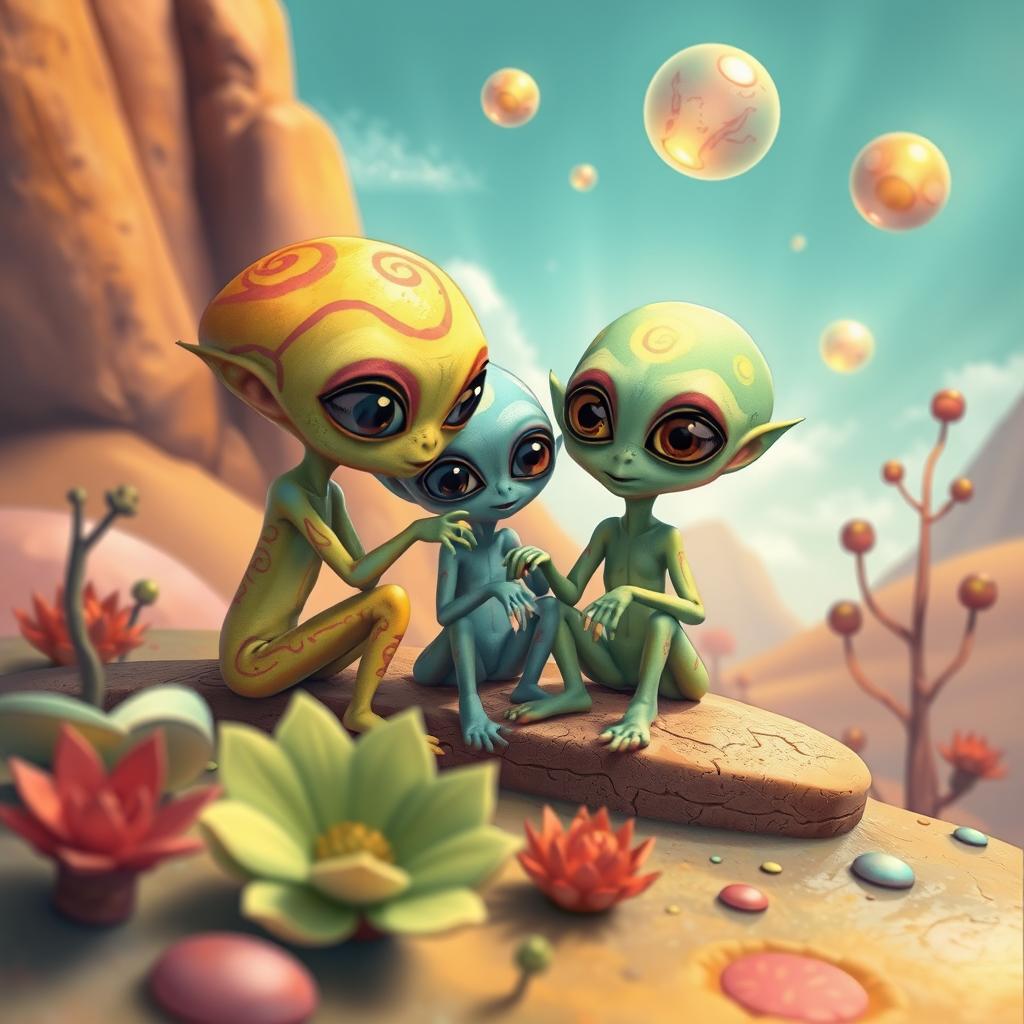 A whimsical portrayal of alien children playing together on a vibrant, otherworldly landscape