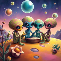 A whimsical portrayal of alien children playing together on a vibrant, otherworldly landscape