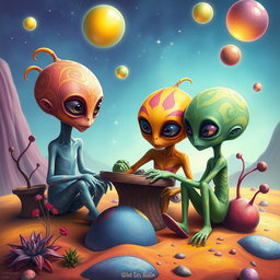 A whimsical portrayal of alien children playing together on a vibrant, otherworldly landscape