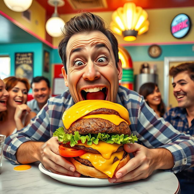 A humorous scene featuring a man comically struggling to eat a giant cheeseburger