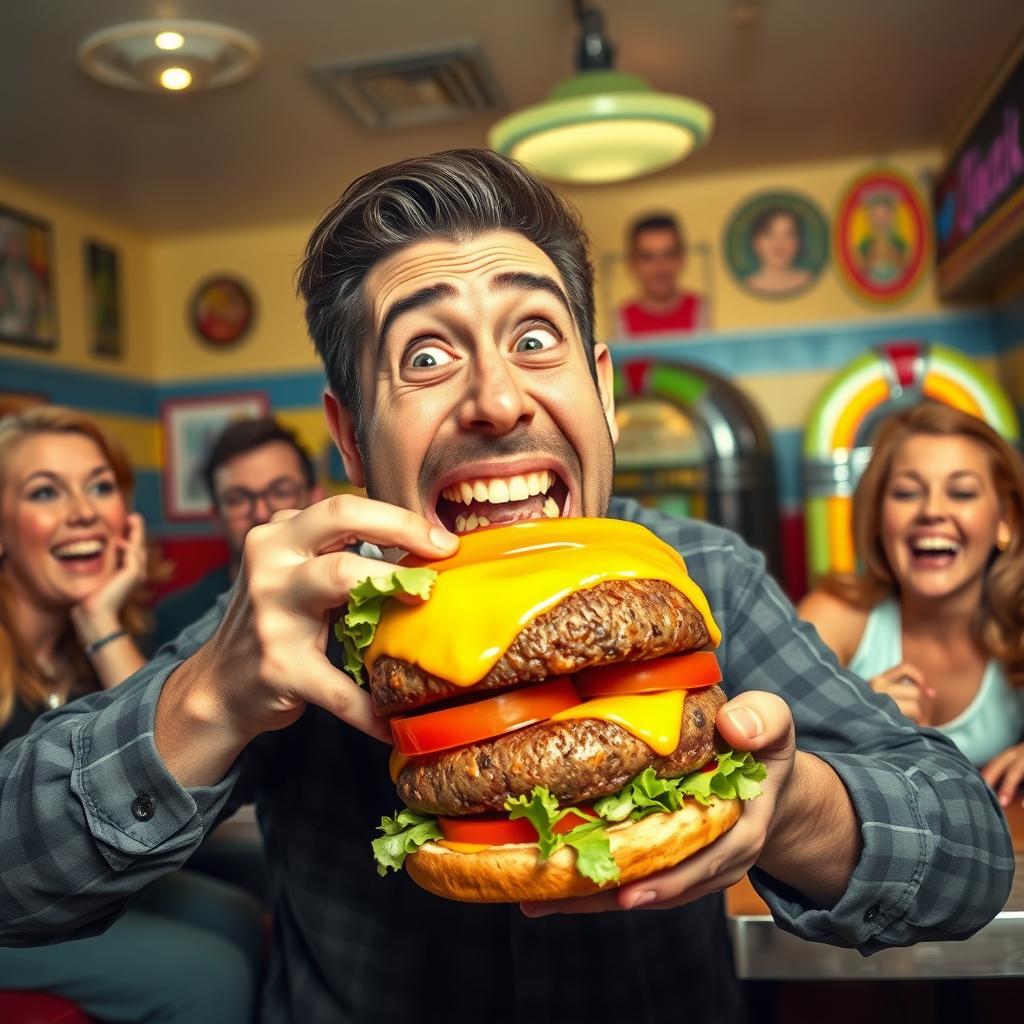 A humorous scene featuring a man comically struggling to eat a giant cheeseburger
