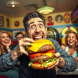 A humorous scene featuring a man comically struggling to eat a giant cheeseburger