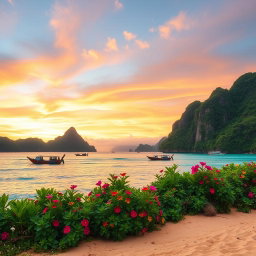 A scenic view of the lush green mountains of Visayas, Philippines, with vibrant tropical trees and colorful flowers in full bloom