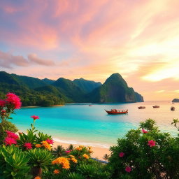 A scenic view of the lush green mountains of Visayas, Philippines, with vibrant tropical trees and colorful flowers in full bloom