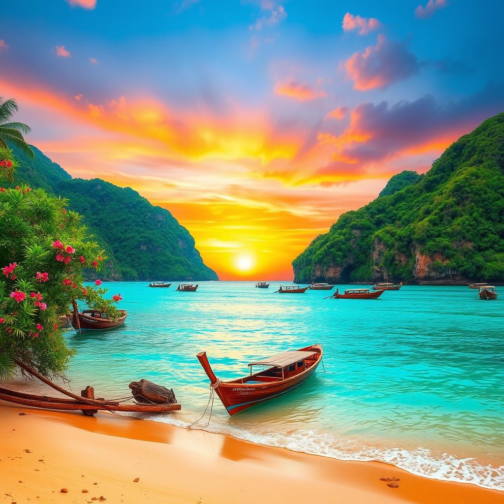 A scenic view of the lush green mountains of Visayas, Philippines, with vibrant tropical trees and colorful flowers in full bloom