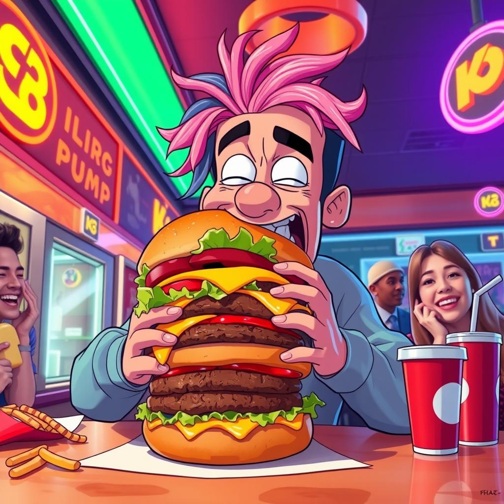 A humorous scene featuring a cartoonish version of Lil Pump, depicted as a man comically struggling to eat an oversized cheeseburger