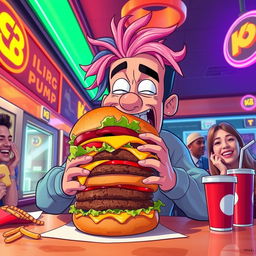 A humorous scene featuring a cartoonish version of Lil Pump, depicted as a man comically struggling to eat an oversized cheeseburger