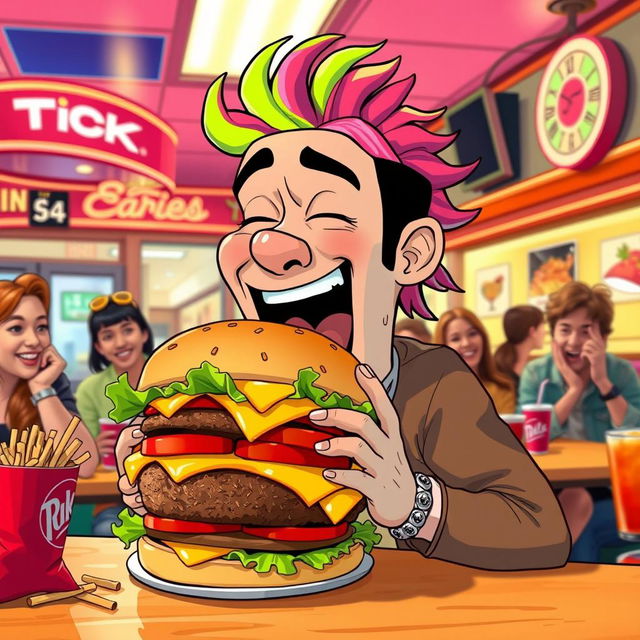 A humorous scene featuring a cartoonish version of Lil Pump, depicted as a man comically struggling to eat an oversized cheeseburger
