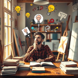 An artistic representation of interpretation as a concept, featuring a thoughtful person contemplating various symbols and ideas