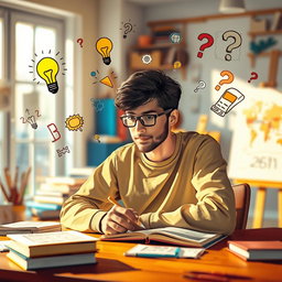 An artistic representation of interpretation as a concept, featuring a thoughtful person contemplating various symbols and ideas