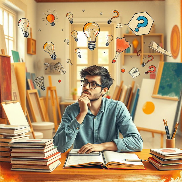 An artistic representation of interpretation as a concept, featuring a thoughtful person contemplating various symbols and ideas