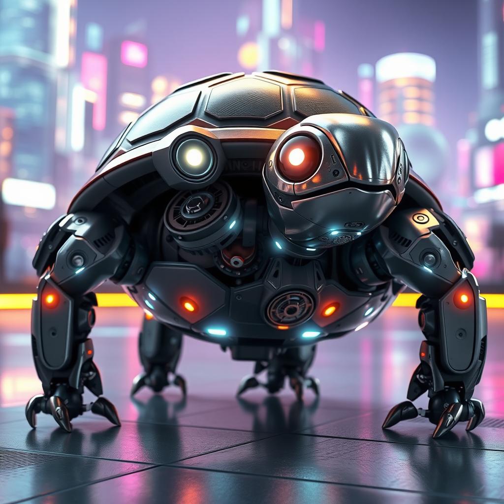 A highly detailed 3D render of a futuristic turtle robot, showcasing metallic shell textures, intricate gears and circuits visible on its back, glowing LED lights, and articulated limbs