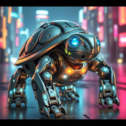A highly detailed 3D render of a futuristic turtle robot, showcasing metallic shell textures, intricate gears and circuits visible on its back, glowing LED lights, and articulated limbs
