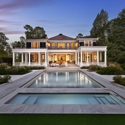 An elegant and timeless mansion surrounded by nature, with grand marble floors, an outdoor deck, a lush home garden, queen-sized bedroom, a separate library complete with a pool table, a convertible swimming pool to hot tub, and a personal theater room with a built-in side bar.