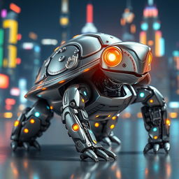 A highly detailed 3D render of a futuristic turtle robot, showcasing metallic shell textures, intricate gears and circuits visible on its back, glowing LED lights, and articulated limbs