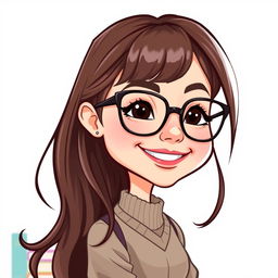 A colorful caricature of a girl with long layered hair, wearing stylish glasses