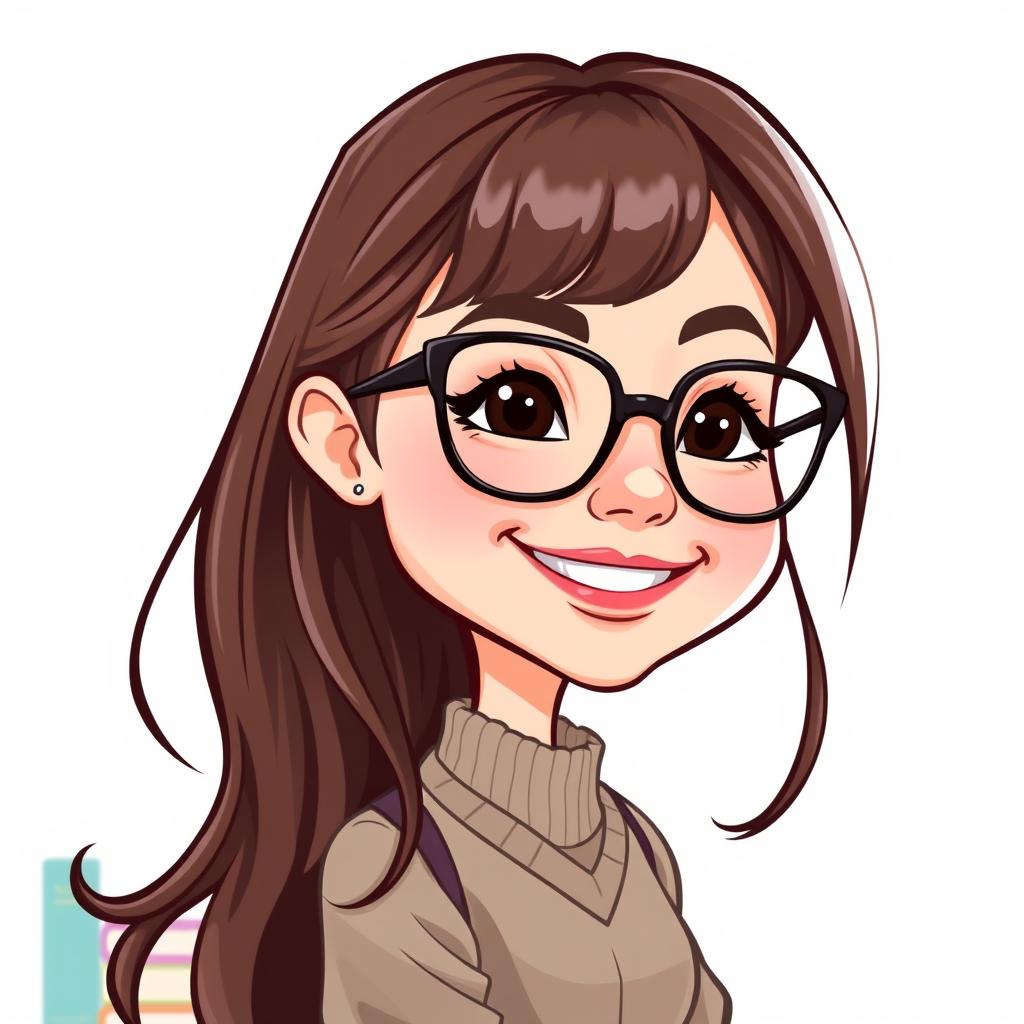 A colorful caricature of a girl with long layered hair, wearing stylish glasses