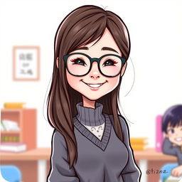 A colorful caricature of a girl with long layered hair, wearing stylish glasses