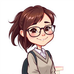 A colorful caricature of a girl with long layered hair, wearing stylish glasses