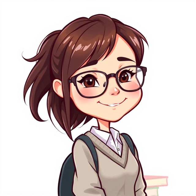 A colorful caricature of a girl with long layered hair, wearing stylish glasses
