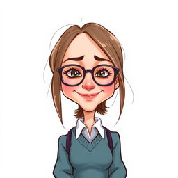 A caricature of a girl with long layered hair and glasses, dressed in a sweater underneath her school uniform