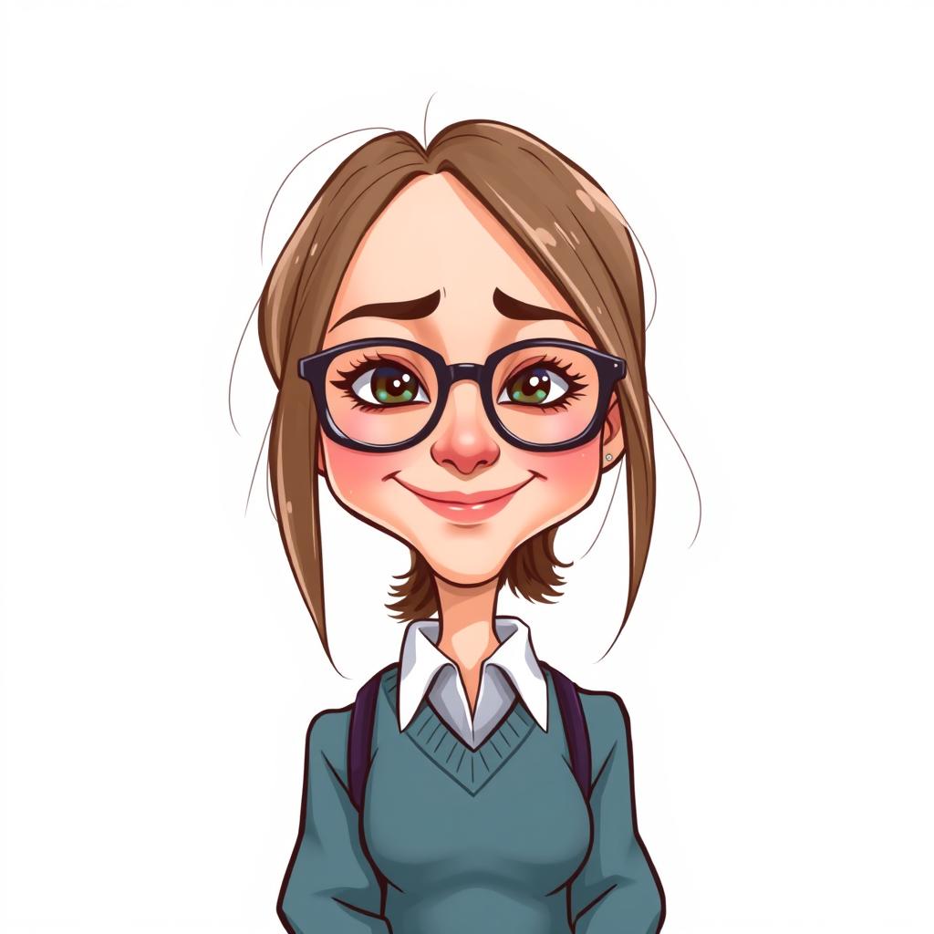 A caricature of a girl with long layered hair and glasses, dressed in a sweater underneath her school uniform