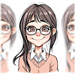 A caricature of a girl with long layered hair and glasses, dressed in a sweater underneath her school uniform