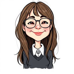 A caricature of a girl with long layered hair and glasses, dressed in a sweater underneath her school uniform