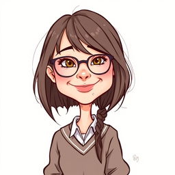 A caricature of a girl with long layered hair and glasses, dressed in a sweater underneath her school uniform