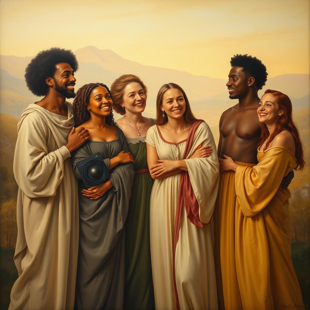 A serene renaissance style painting depicting a harmonious gathering of diverse individuals coming together to celebrate equality