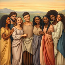 A serene renaissance style painting depicting a harmonious gathering of diverse individuals coming together to celebrate equality