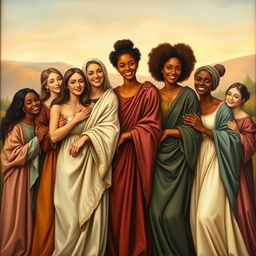 A serene renaissance style painting depicting a harmonious gathering of diverse individuals coming together to celebrate equality