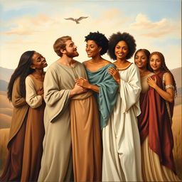 A serene renaissance style painting depicting a harmonious gathering of diverse individuals coming together to celebrate equality