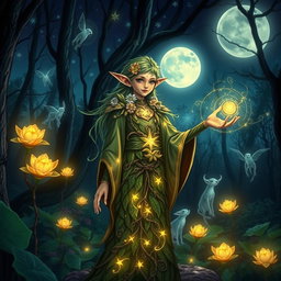 A mystical wood elf star druid standing in an enchanted forest, surrounded by glowing plants and celestial patterns in the sky