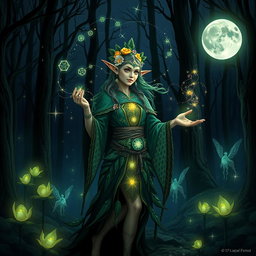A mystical wood elf star druid standing in an enchanted forest, surrounded by glowing plants and celestial patterns in the sky
