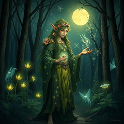 A mystical wood elf star druid standing in an enchanted forest, surrounded by glowing plants and celestial patterns in the sky