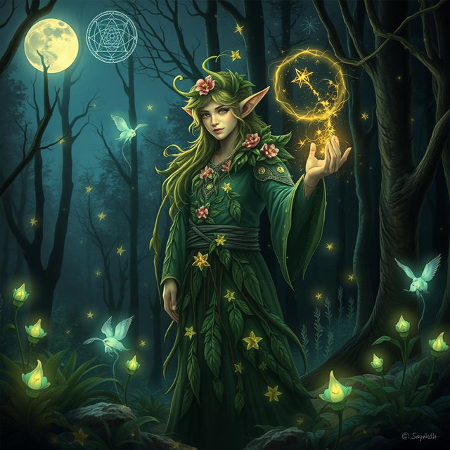 A mystical wood elf star druid standing in an enchanted forest, surrounded by glowing plants and celestial patterns in the sky