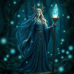 A mystical star druid standing in a lush, enchanted forest