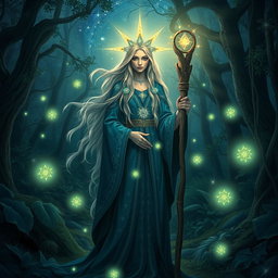 A mystical star druid standing in a lush, enchanted forest
