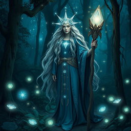A mystical star druid standing in a lush, enchanted forest