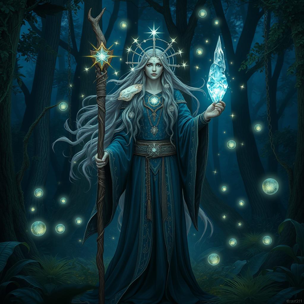 A mystical star druid standing in a lush, enchanted forest